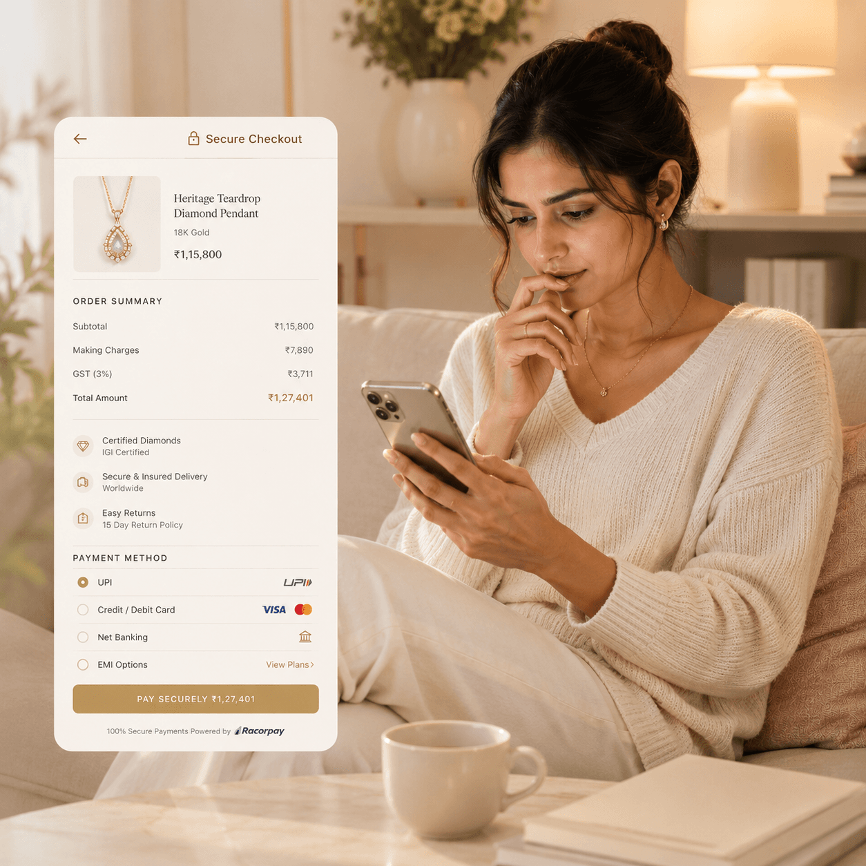 A high-value jewellery buyer hesitating at an online checkout, weighing whether to trust the store before buying