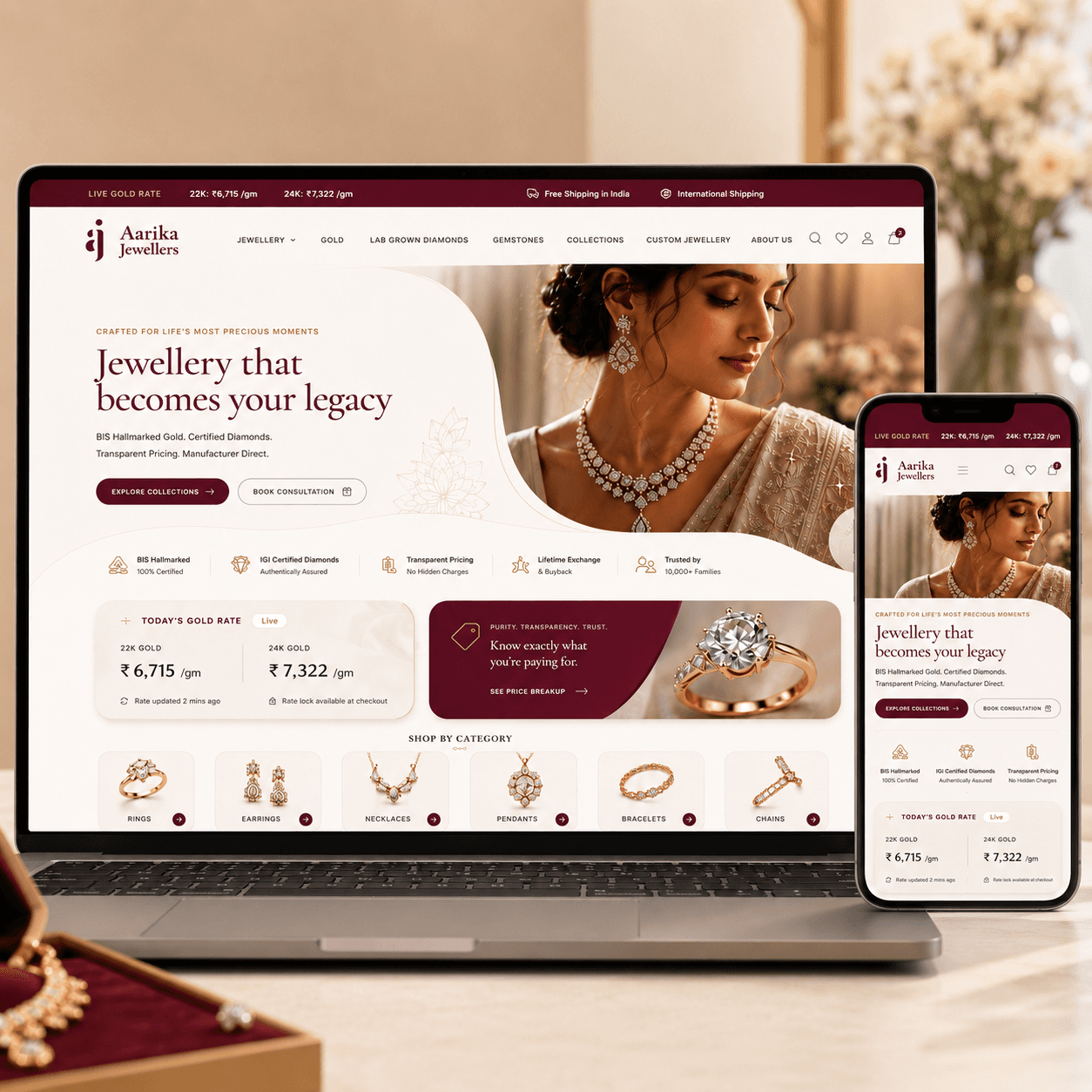 Fine jewellery e-commerce store shown on laptop and mobile — a high-converting online store built by Wire Wings for jewellery brands