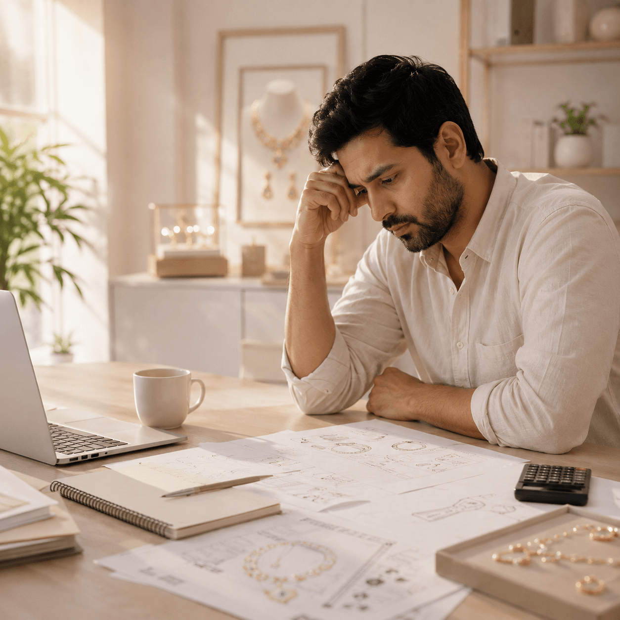 A fine jewellery brand owner frustrated at his desk after another website rebuild that failed to sell