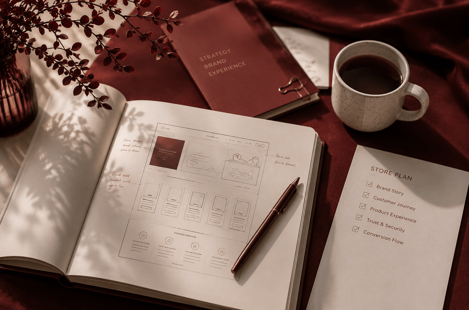 A fine jewellery store strategy laid out on paper: a homepage wireframe sketched in a notebook beside a store plan covering brand story, customer journey, trust and conversion