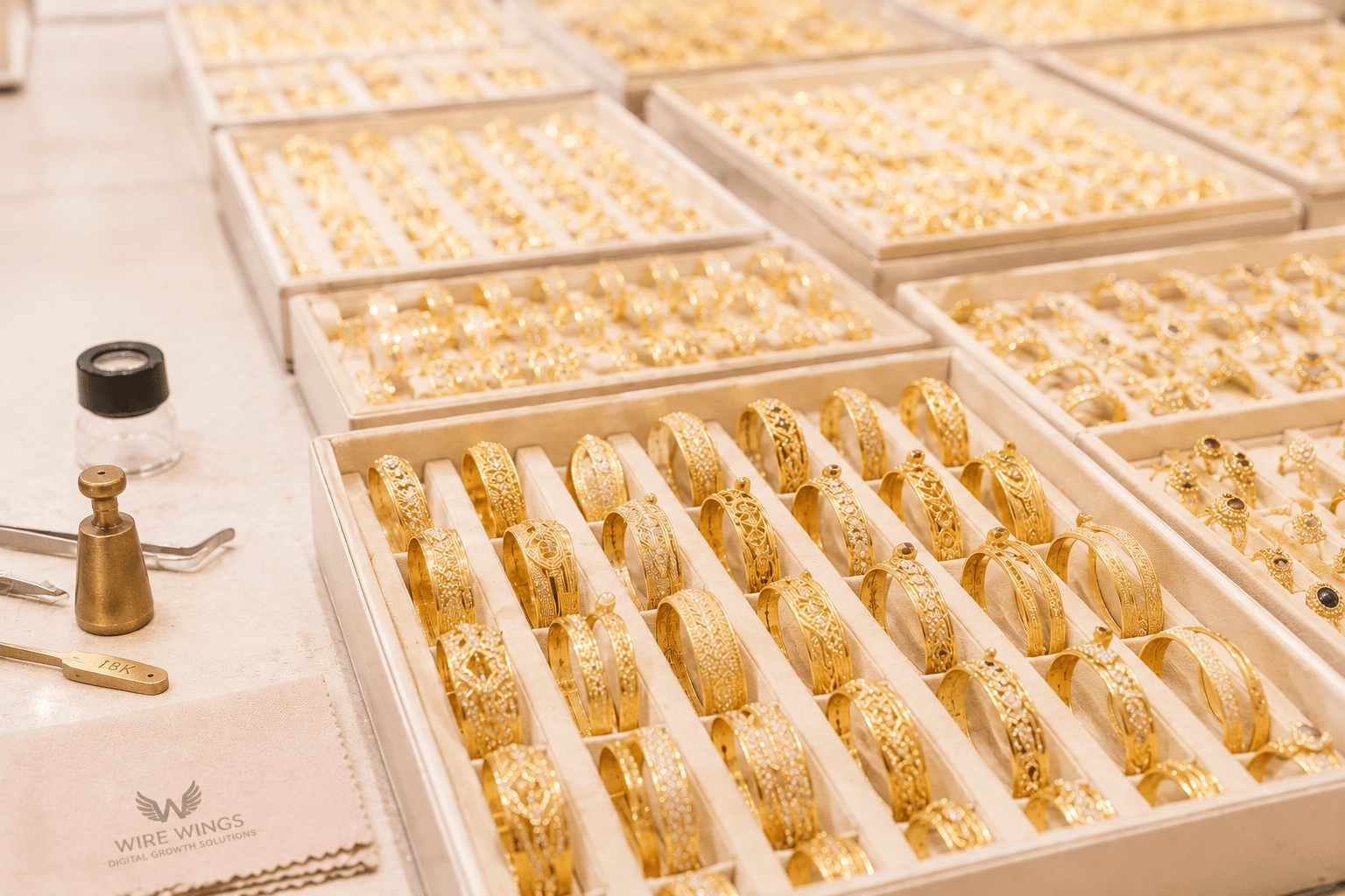 Trays of gold bangles and rings laid out on a wholesale counter with a jeweller's loupe and weighing tools