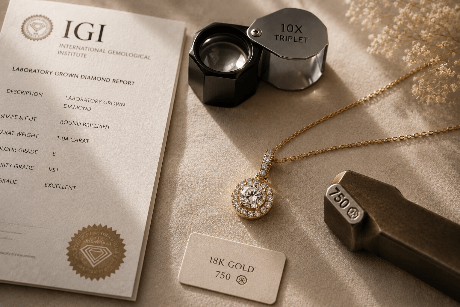 An IGI diamond certificate, a jeweller's loupe and an 18K 750 gold hallmark stamp beside a diamond pendant