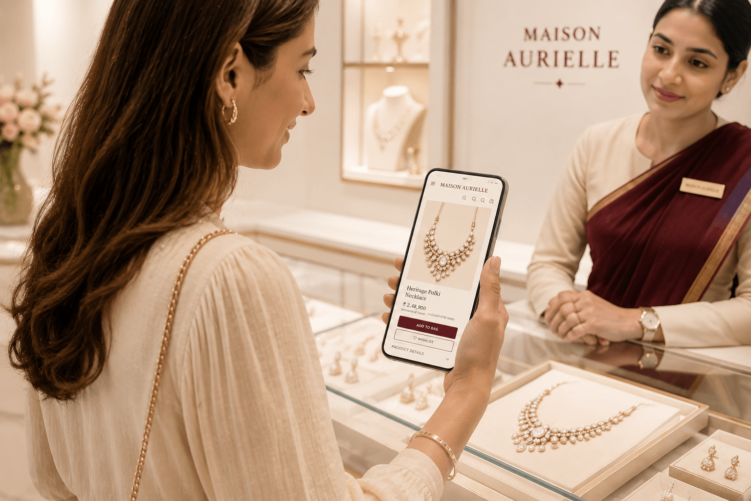 A shopper showing a necklace on a jewellery website to a store associate, researching online before buying in store