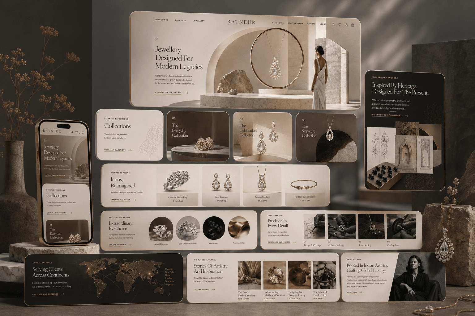 A complete fine jewellery e-commerce store built by Wire Wings: homepage, collections, product pages and mobile screens