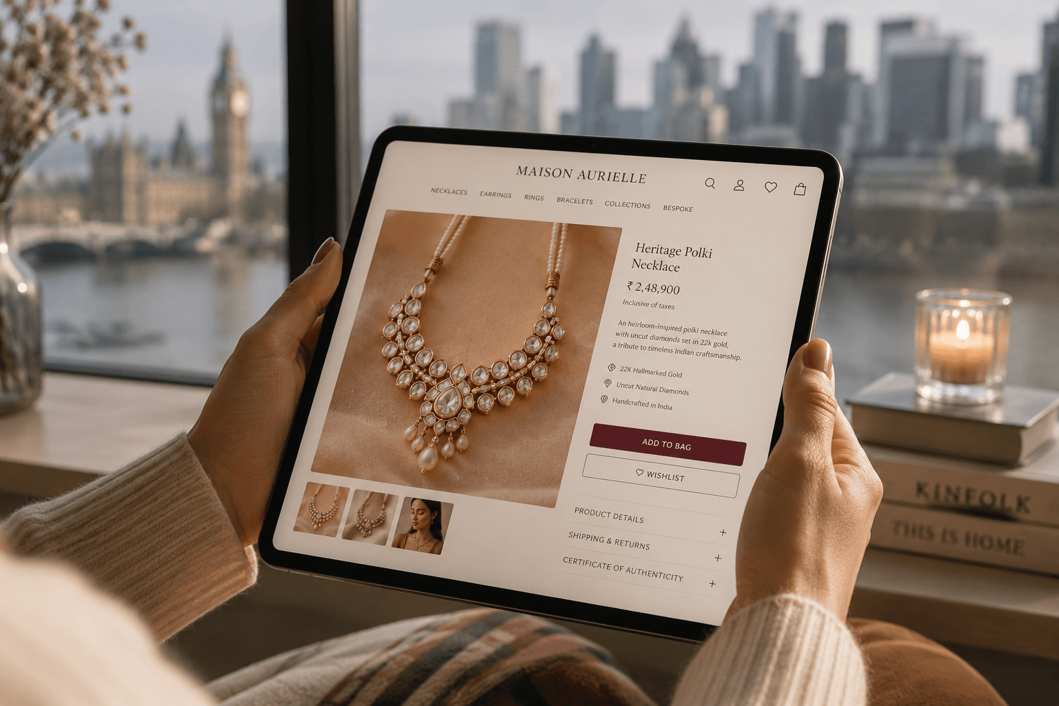An NRI buyer viewing a 22K polki necklace handcrafted in India on a jewellery website tablet, with a London skyline in the window