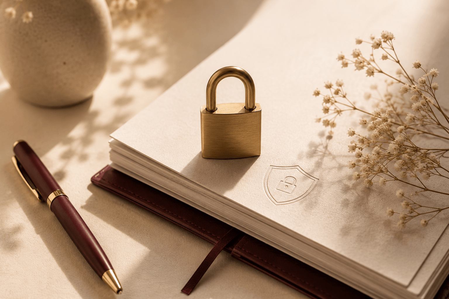 A brass padlock resting on a notebook embossed with a crest — how Wire Wings keeps the personal data you share private and secure