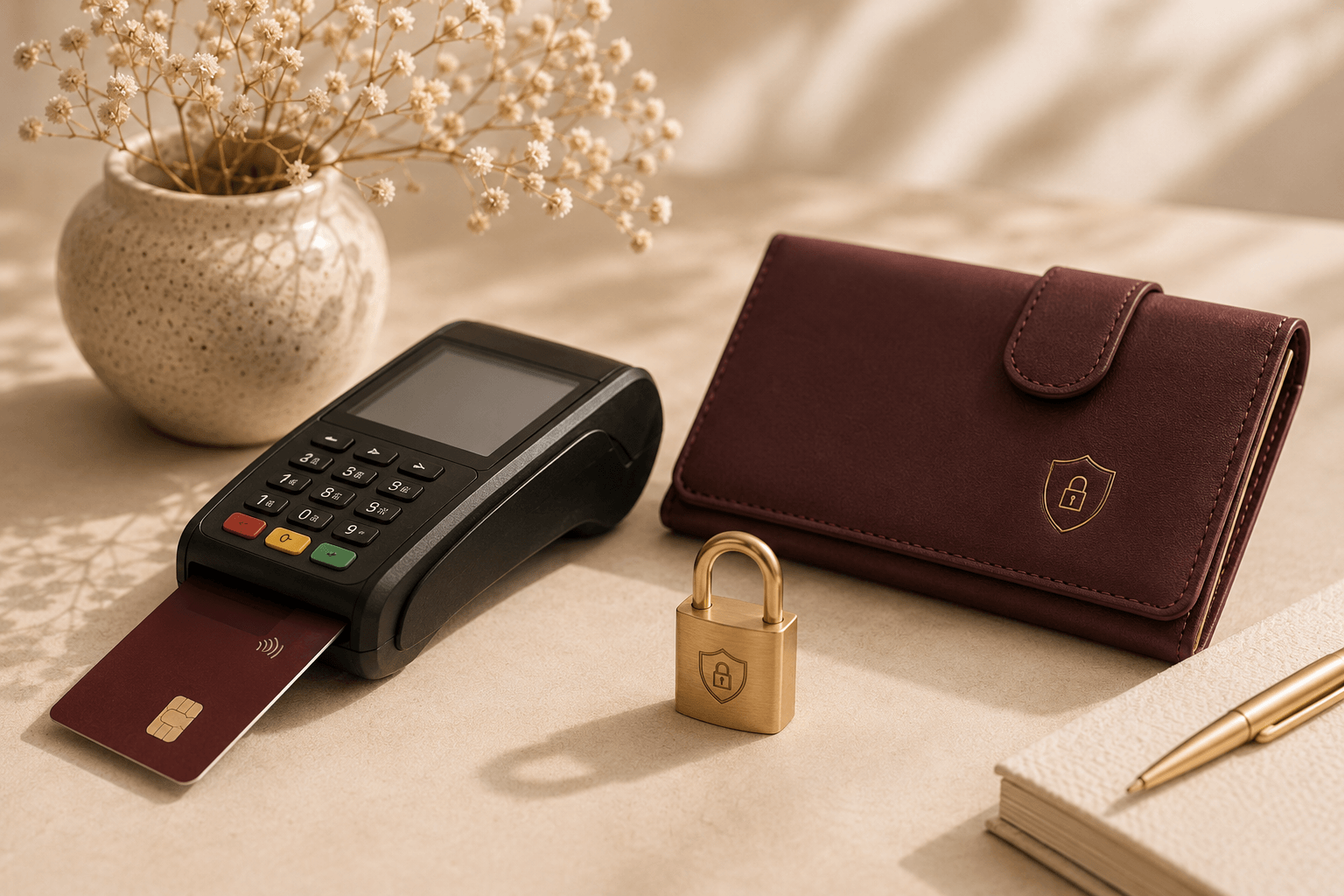 A card payment terminal, secured wallet and padlock — how payments and refunds are handled with Wire Wings